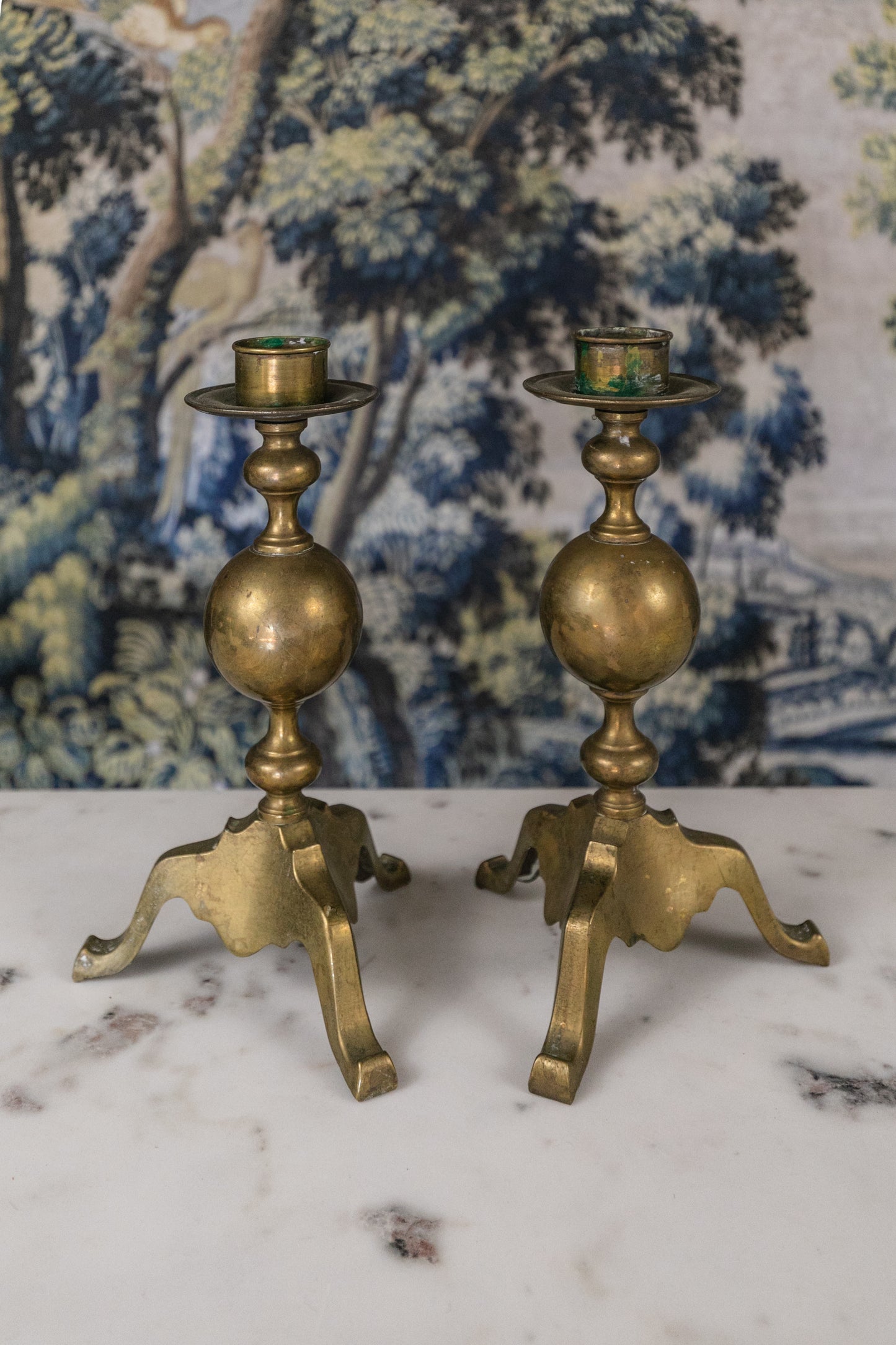 Brass Footed Candlesticks, Pair
