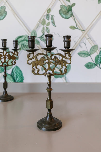 Brass Lions Candlestick Pair