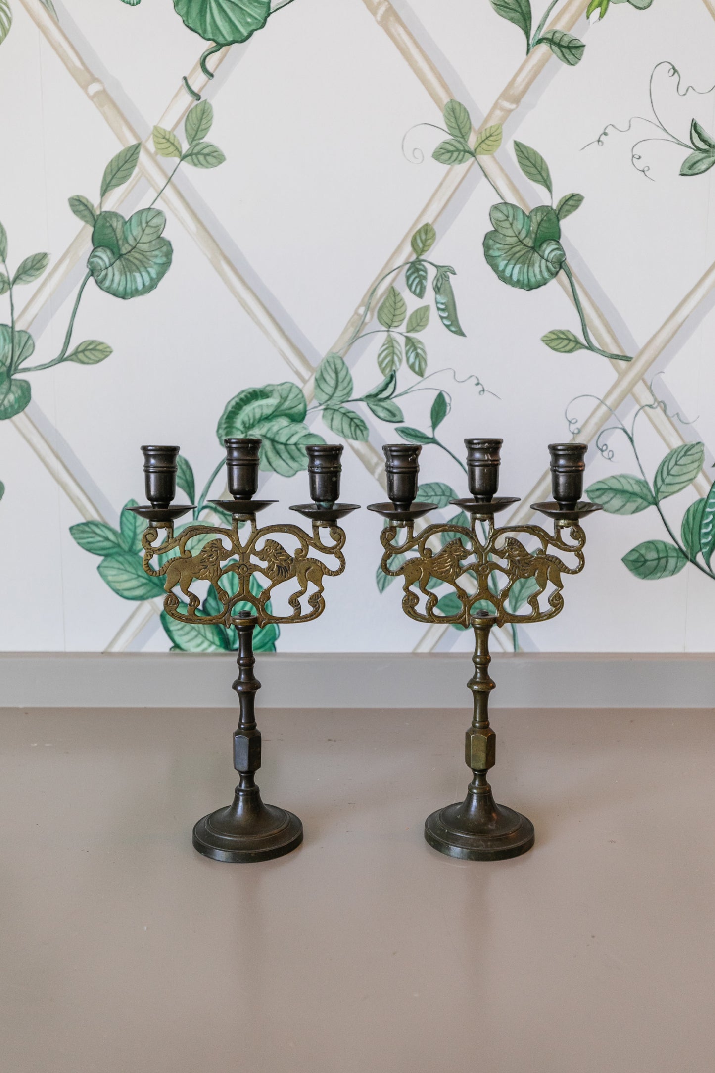 Brass Lions Candlestick Pair