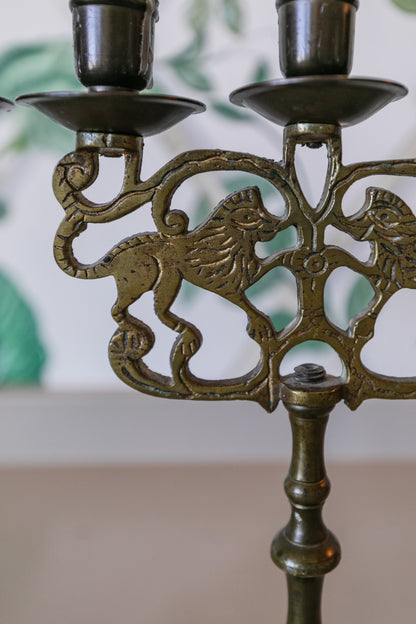 Brass Lions Candlestick Pair