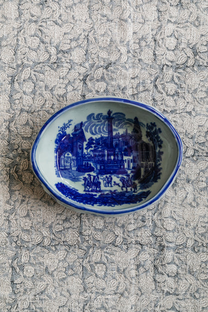 Blue and White Oval Bowl