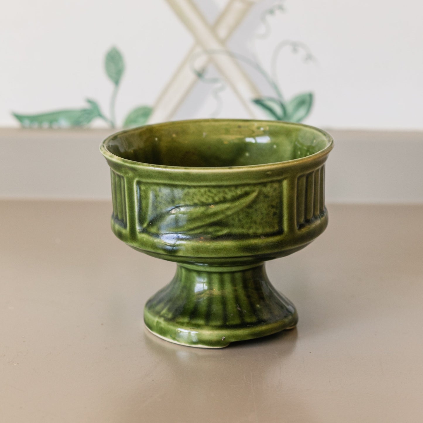 Footed Green Pottery w/ Bamboo Motif