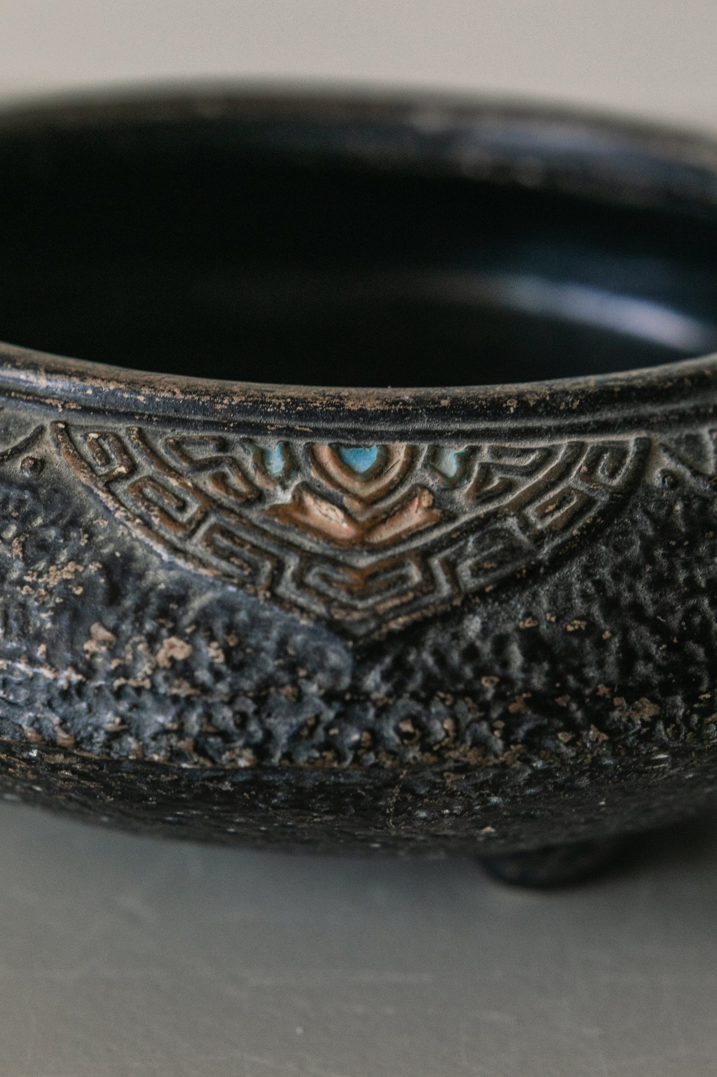 Footed Black Japanese Pottery Bowl