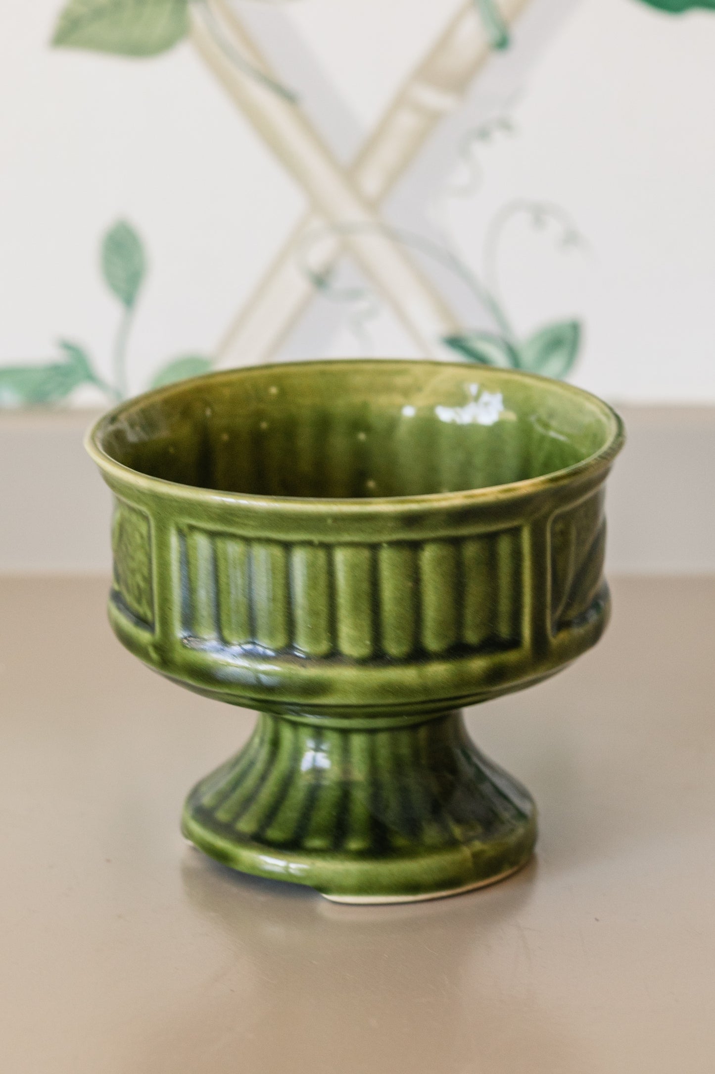 Footed Green Pottery w/ Bamboo Motif