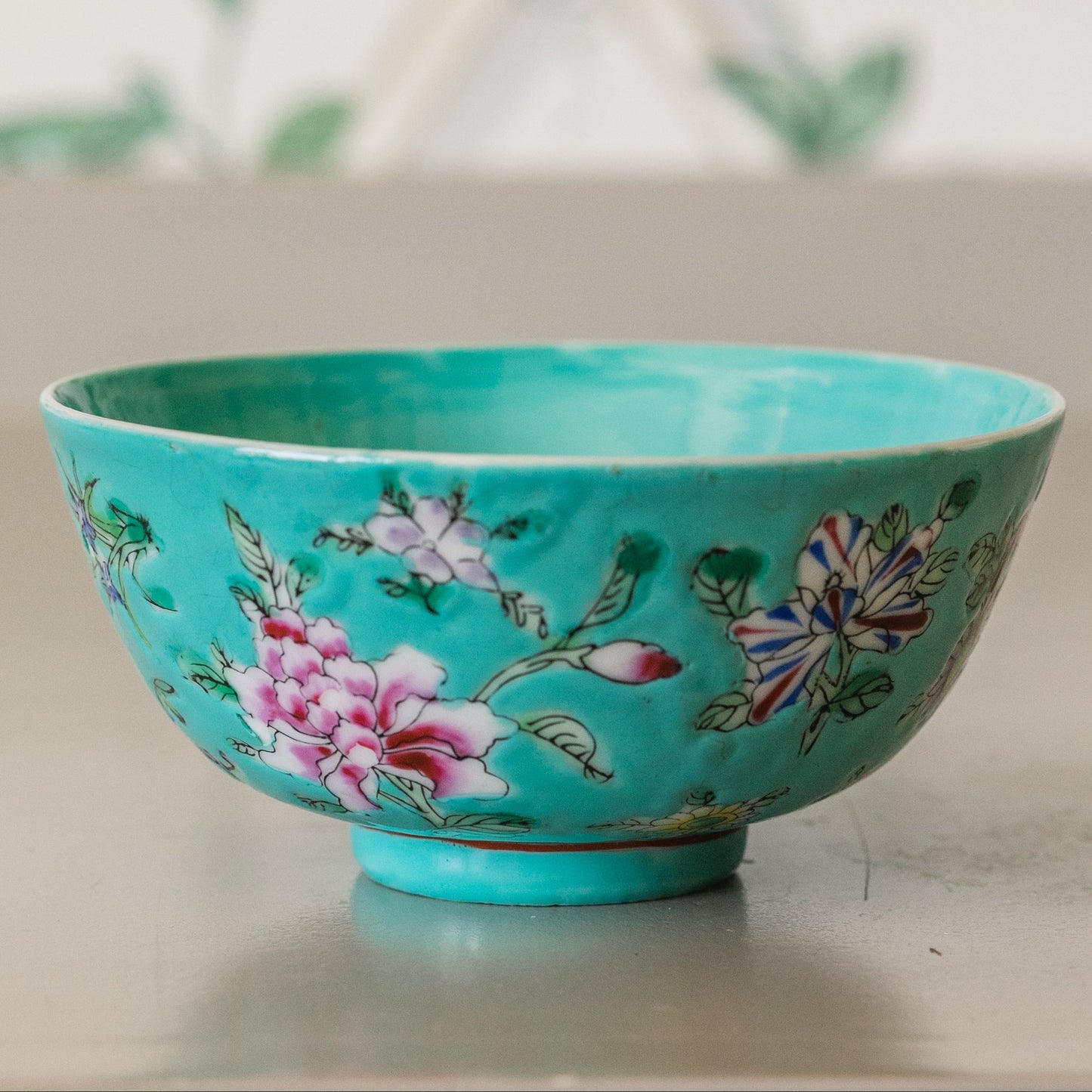Turquoise Floral Oriental Rice Bowl