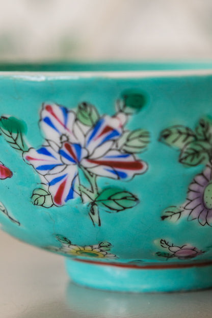 Turquoise Floral Oriental Rice Bowl