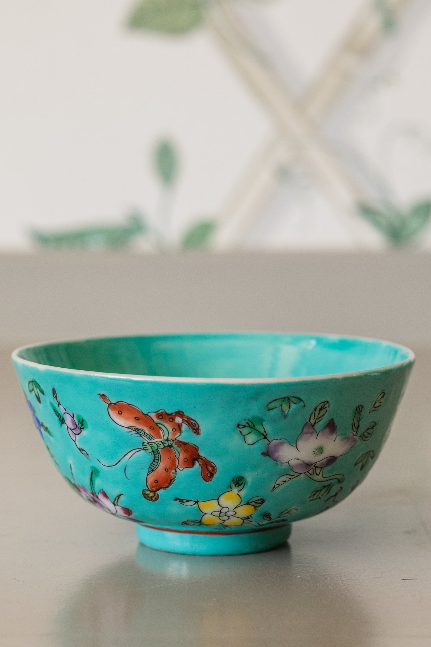 Turquoise Floral Oriental Rice Bowl