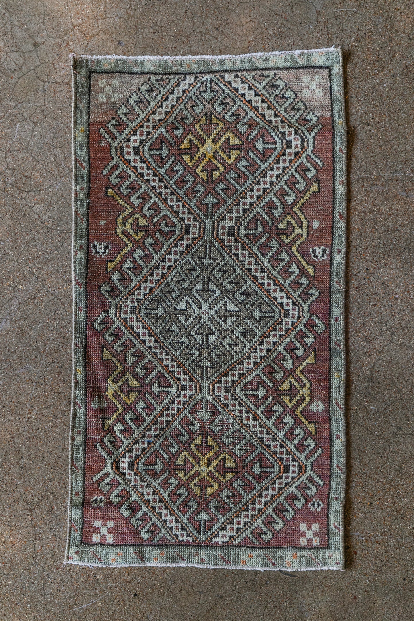 Vintage Persian (1x3) Dusty Rose, Sage & Gold Hand-Knotted Wool Mat