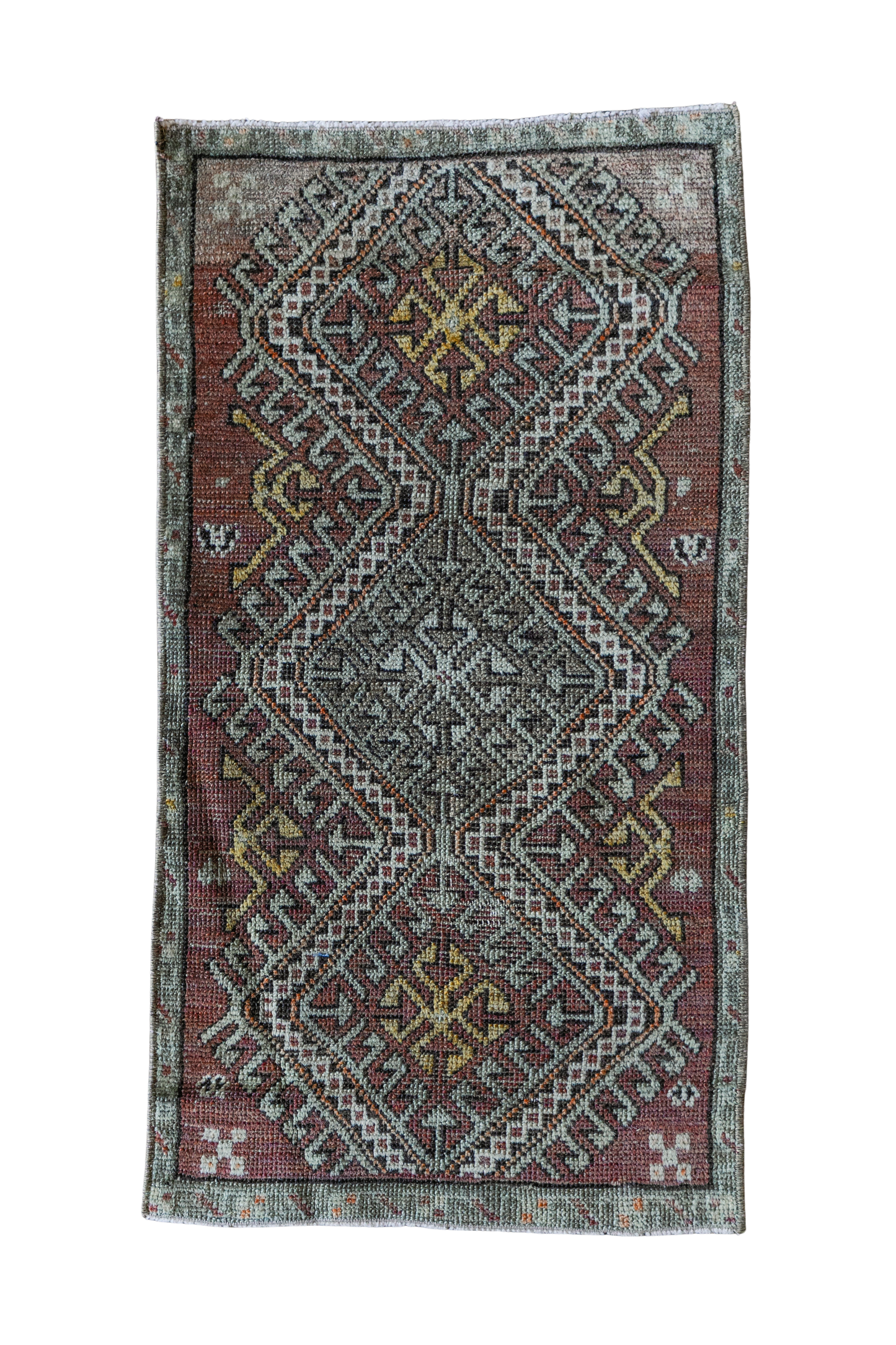Vintage Persian (1x3) Dusty Rose, Sage & Gold Hand-Knotted Wool Mat