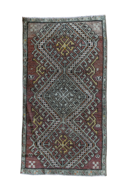 Vintage Persian (1x3) Dusty Rose, Sage & Gold Hand-Knotted Wool Mat