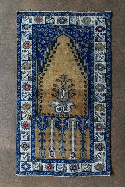 Vintage Persian (3x4) Cobalt Blue & Warm Gold Hand-Knotted Wool Rug