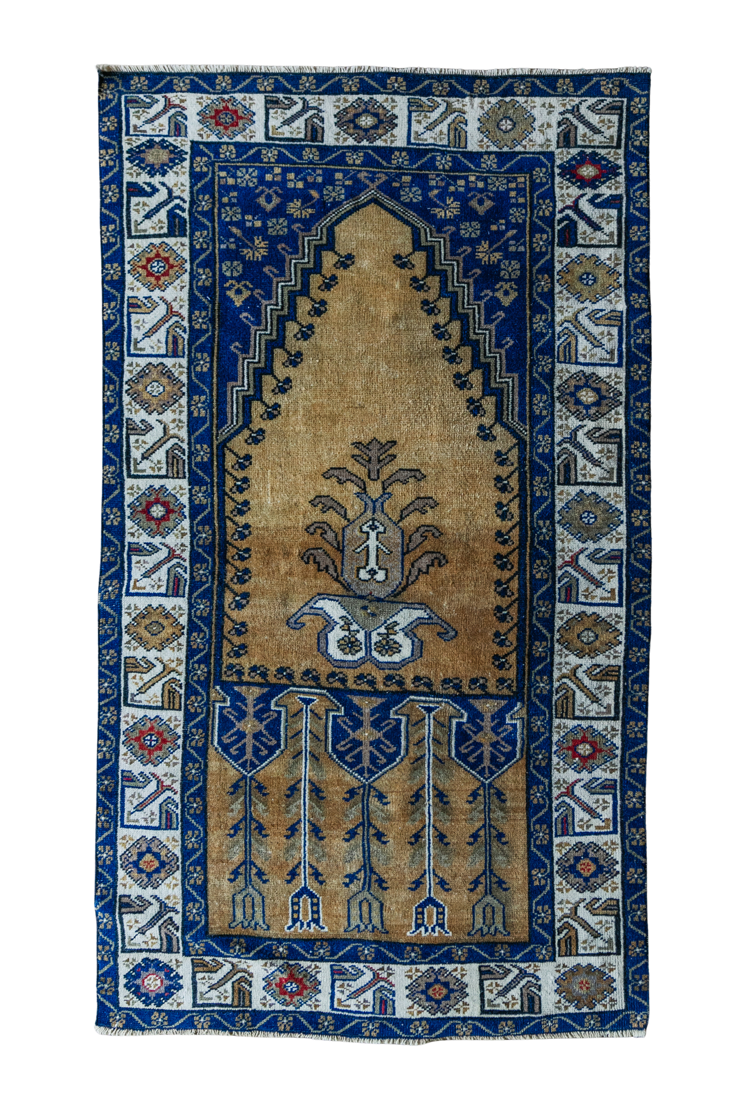 Vintage Persian (3x4) Cobalt Blue & Warm Gold Hand-Knotted Wool Rug