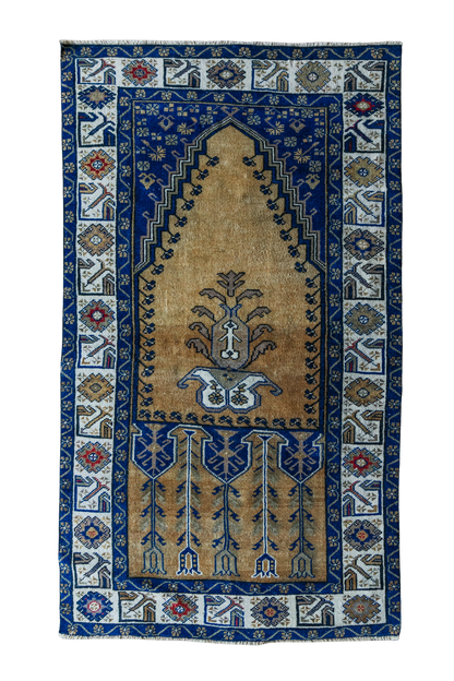 Vintage Persian (3x4) Cobalt Blue & Warm Gold Hand-Knotted Wool Rug