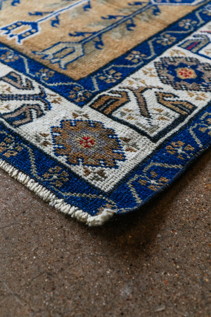 Vintage Persian (3x4) Cobalt Blue & Warm Gold Hand-Knotted Wool Rug