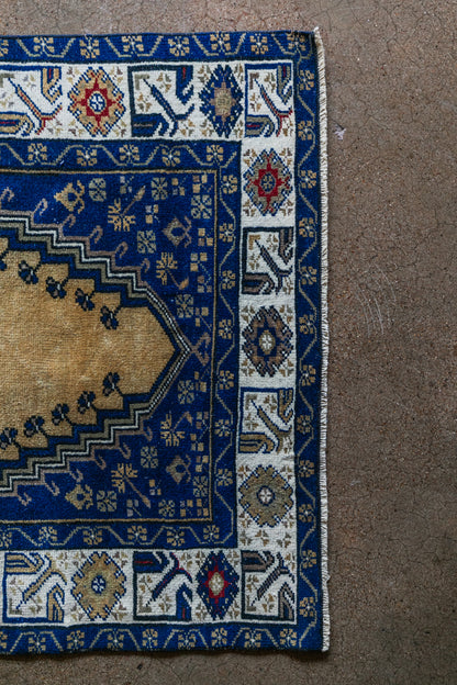 Vintage Persian (3x4) Cobalt Blue & Warm Gold Hand-Knotted Wool Rug
