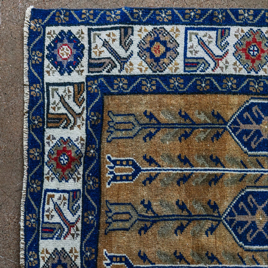 Vintage Persian (3x4) Cobalt Blue & Warm Gold Hand-Knotted Wool Rug