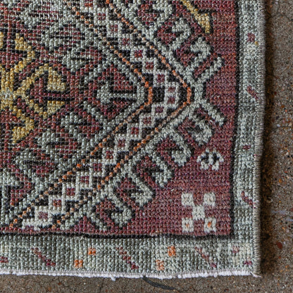 Vintage Persian (1x3) Dusty Rose, Sage & Gold Hand-Knotted Wool Mat