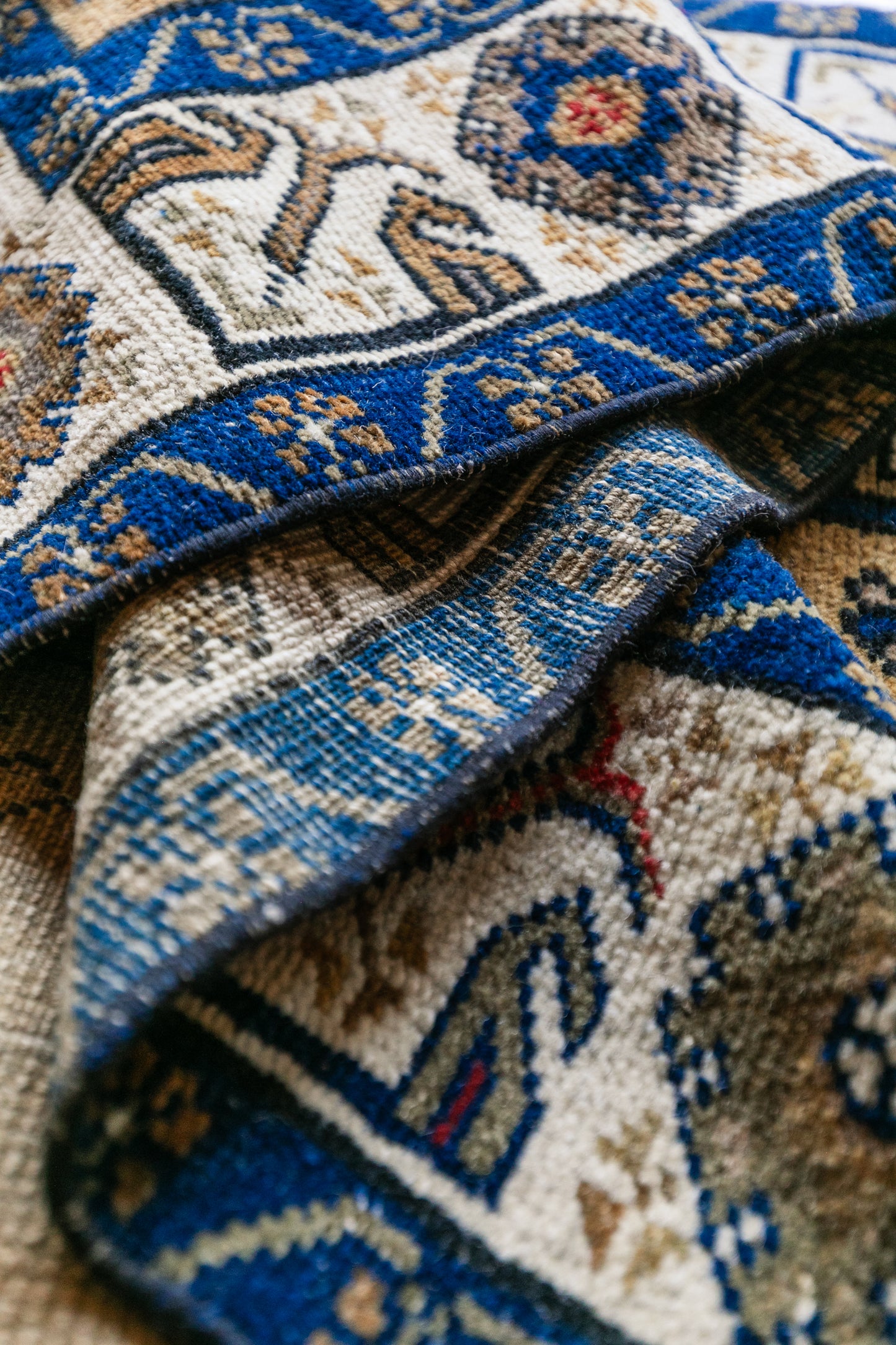 Vintage Persian (3x4) Cobalt Blue & Warm Gold Hand-Knotted Wool Rug