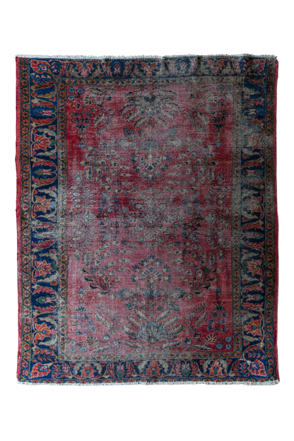 Antique Persian (5x6) Deep Crimson & Navy Floral Vase | Hand-Knotted Rug