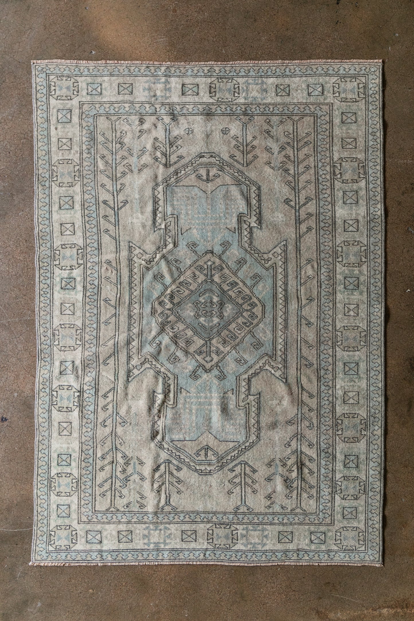 Vintage Turkish (5X7) Faded Sand & Dusty Blue Hand-Knotted Wool