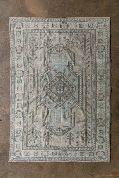 Vintage Turkish (5X7) Faded Sand & Dusty Blue Hand-Knotted Wool