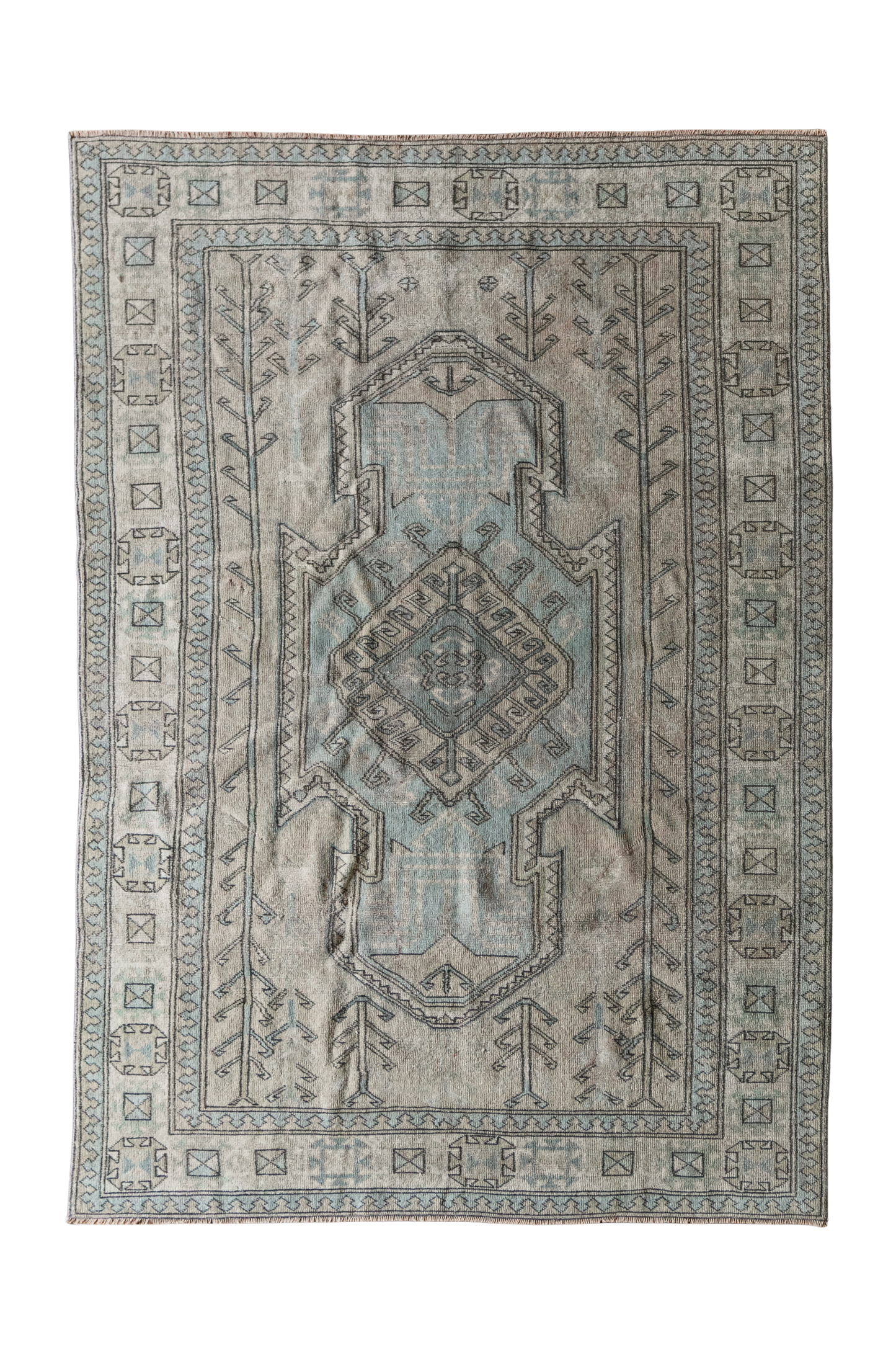 Vintage Turkish (5X7) Faded Sand & Dusty Blue Hand-Knotted Wool