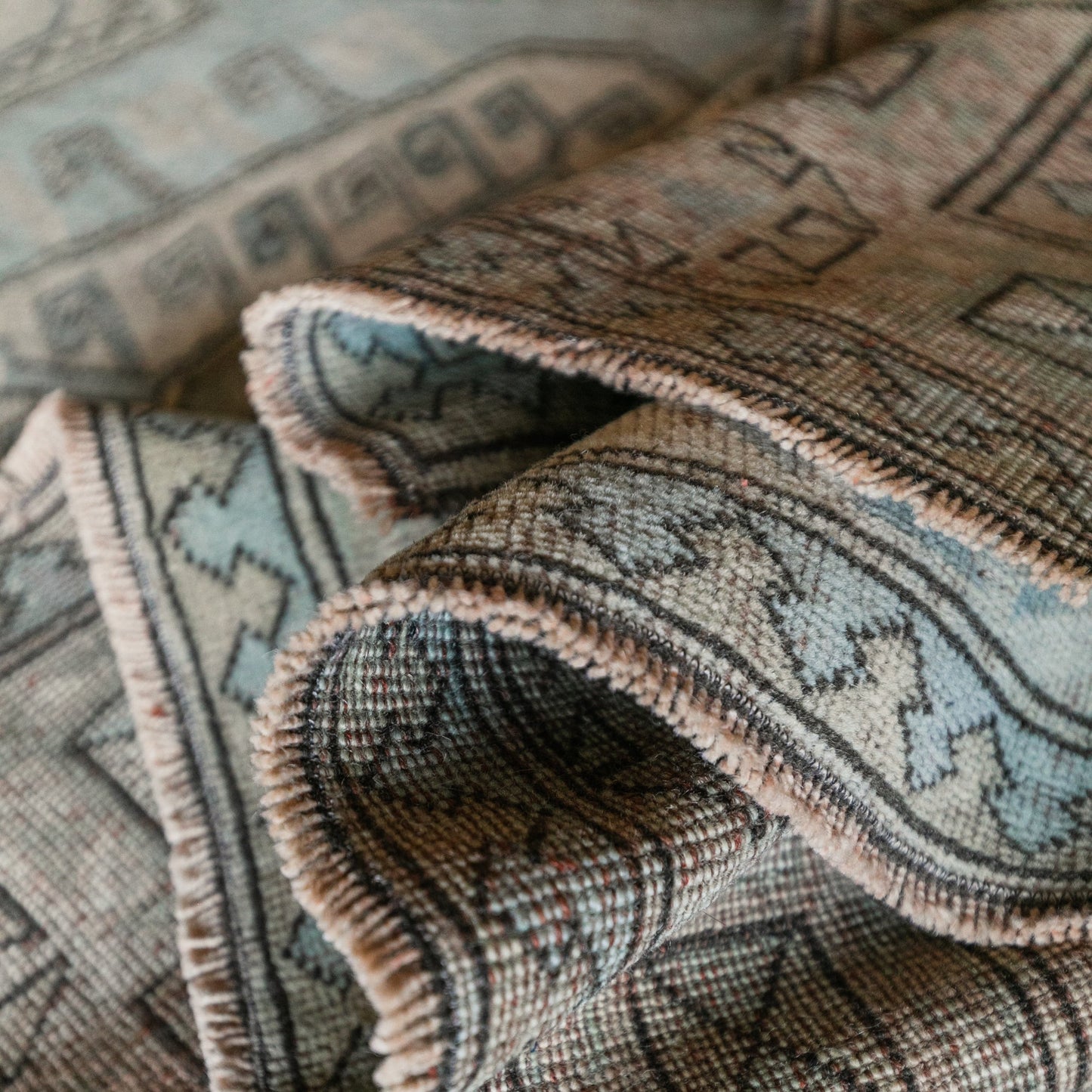 Vintage Turkish (5X7) Faded Sand & Dusty Blue Hand-Knotted Wool