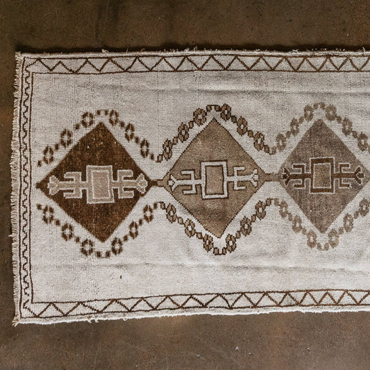 Vintage Turkish (4x13) Neutral Ivory & Brown Geometric Wool Runner