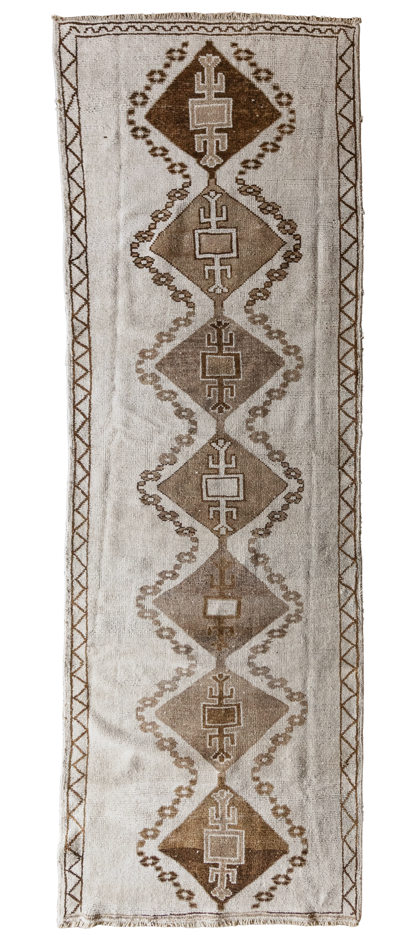 Vintage Turkish (4x13) Neutral Ivory & Brown Geometric Wool Runner