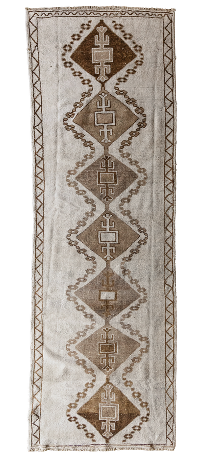 Vintage Turkish (4x13) Neutral Ivory & Brown Geometric Wool Runner