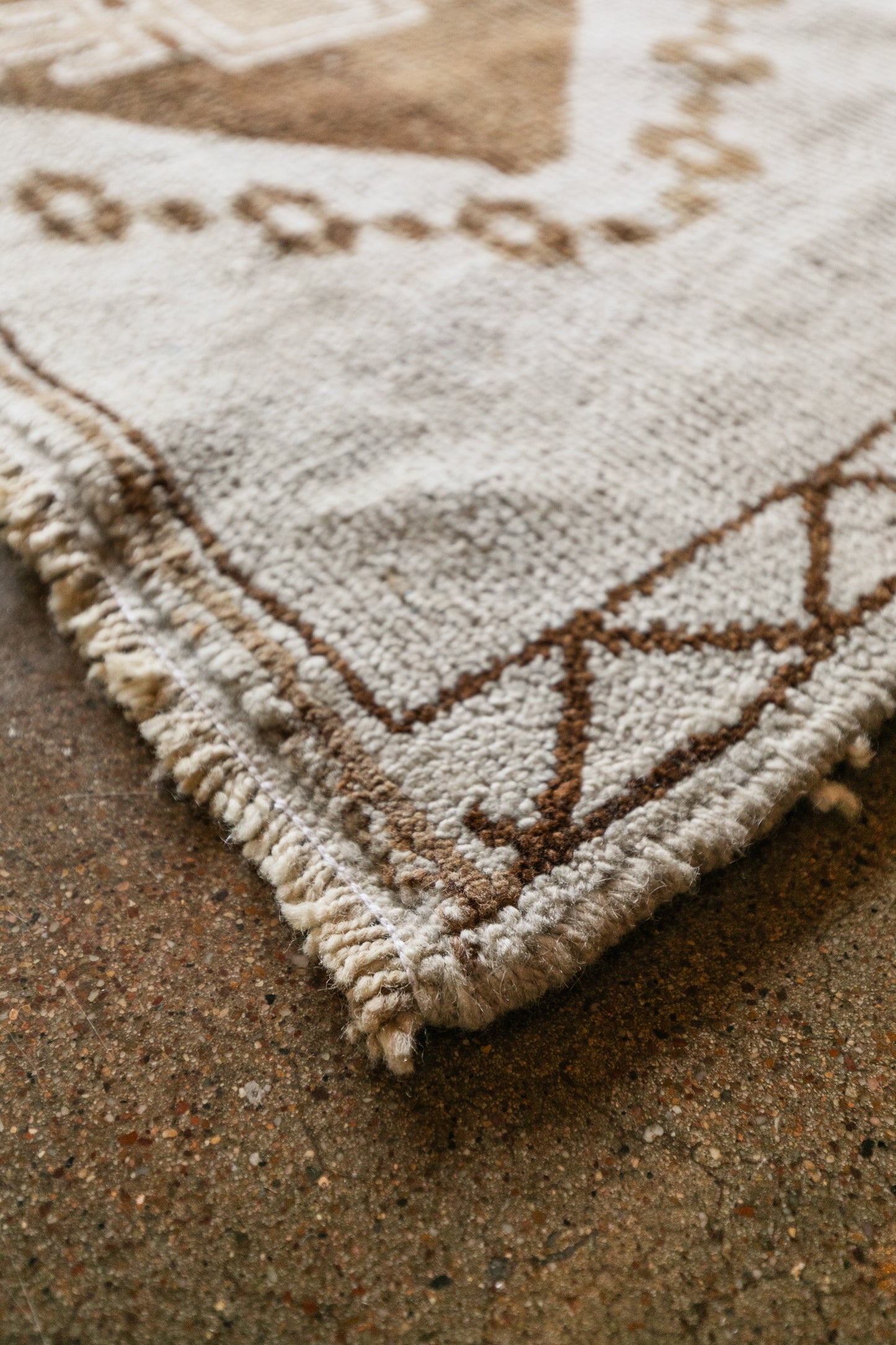 Vintage Turkish (4x13) Neutral Ivory & Brown Geometric Wool Runner