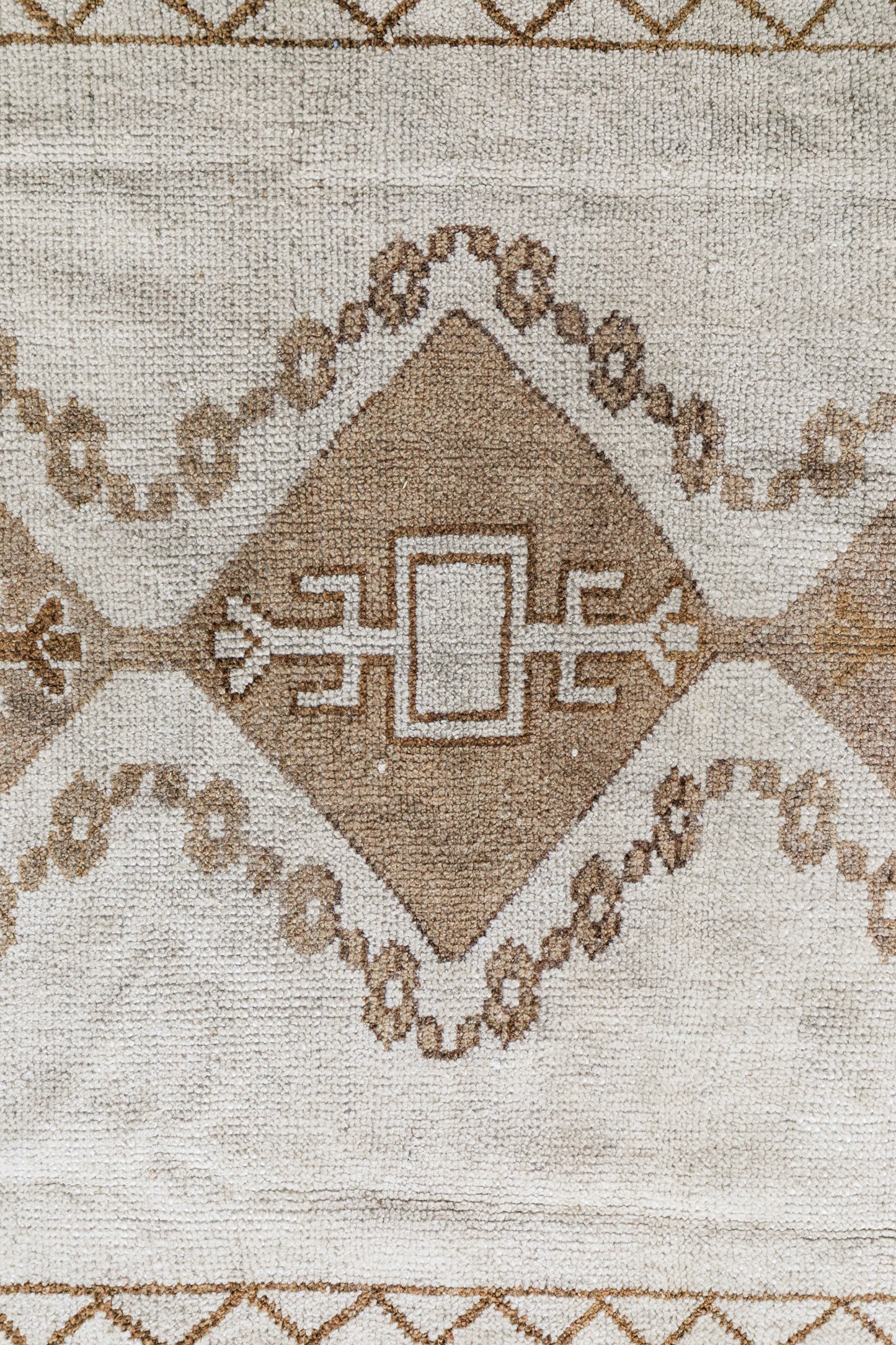 Vintage Turkish (4x13) Neutral Ivory & Brown Geometric Wool Runner
