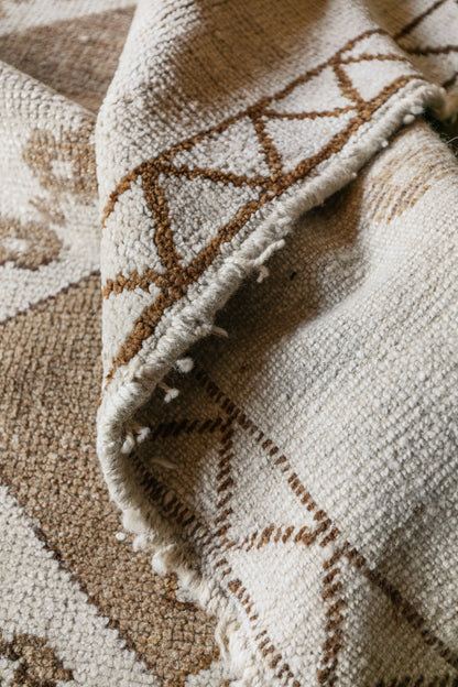 Vintage Turkish (4x13) Neutral Ivory & Brown Geometric Wool Runner