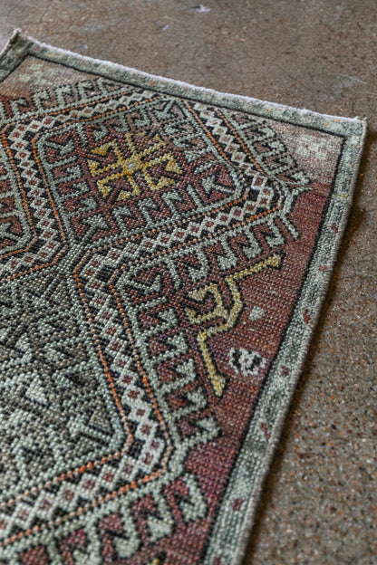 Vintage Persian (1x3) Dusty Rose, Sage & Gold Hand-Knotted Wool Mat