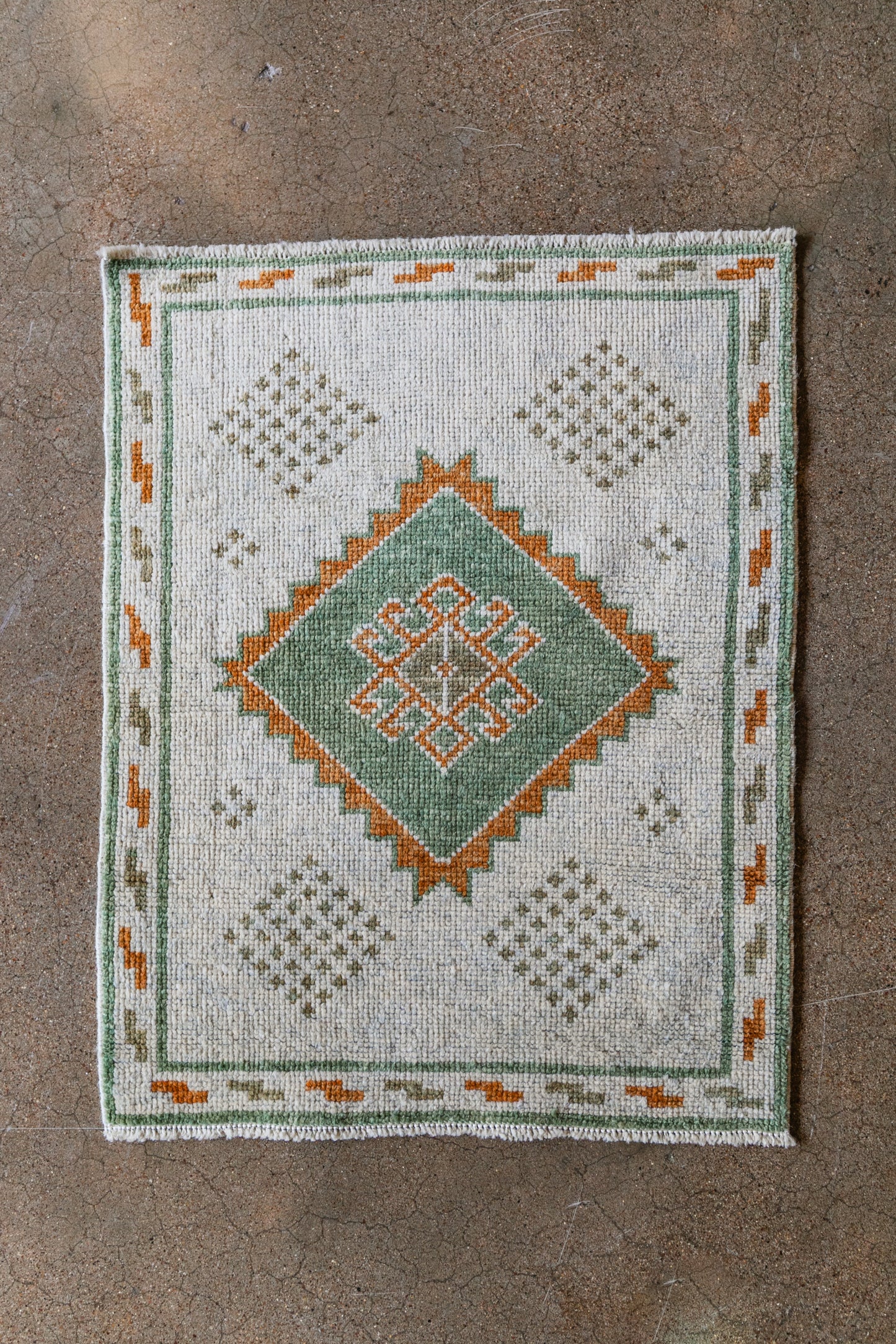 Vintage Turkish (2x3) Ivory, Sage Green & Burnt Orange Hand-Knotted Wool