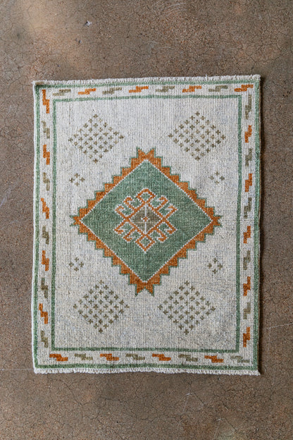 Vintage Turkish (2x3) Ivory, Sage Green & Burnt Orange Hand-Knotted Wool