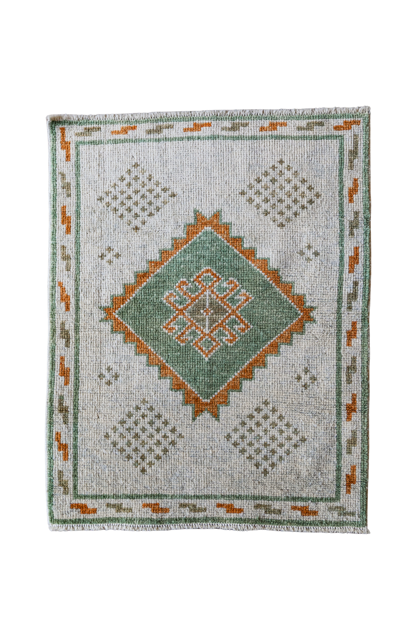 Vintage Turkish (2x3) Ivory, Sage Green & Burnt Orange Hand-Knotted Wool