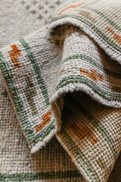 Vintage Turkish (2x3) Ivory, Sage Green & Burnt Orange Hand-Knotted Wool