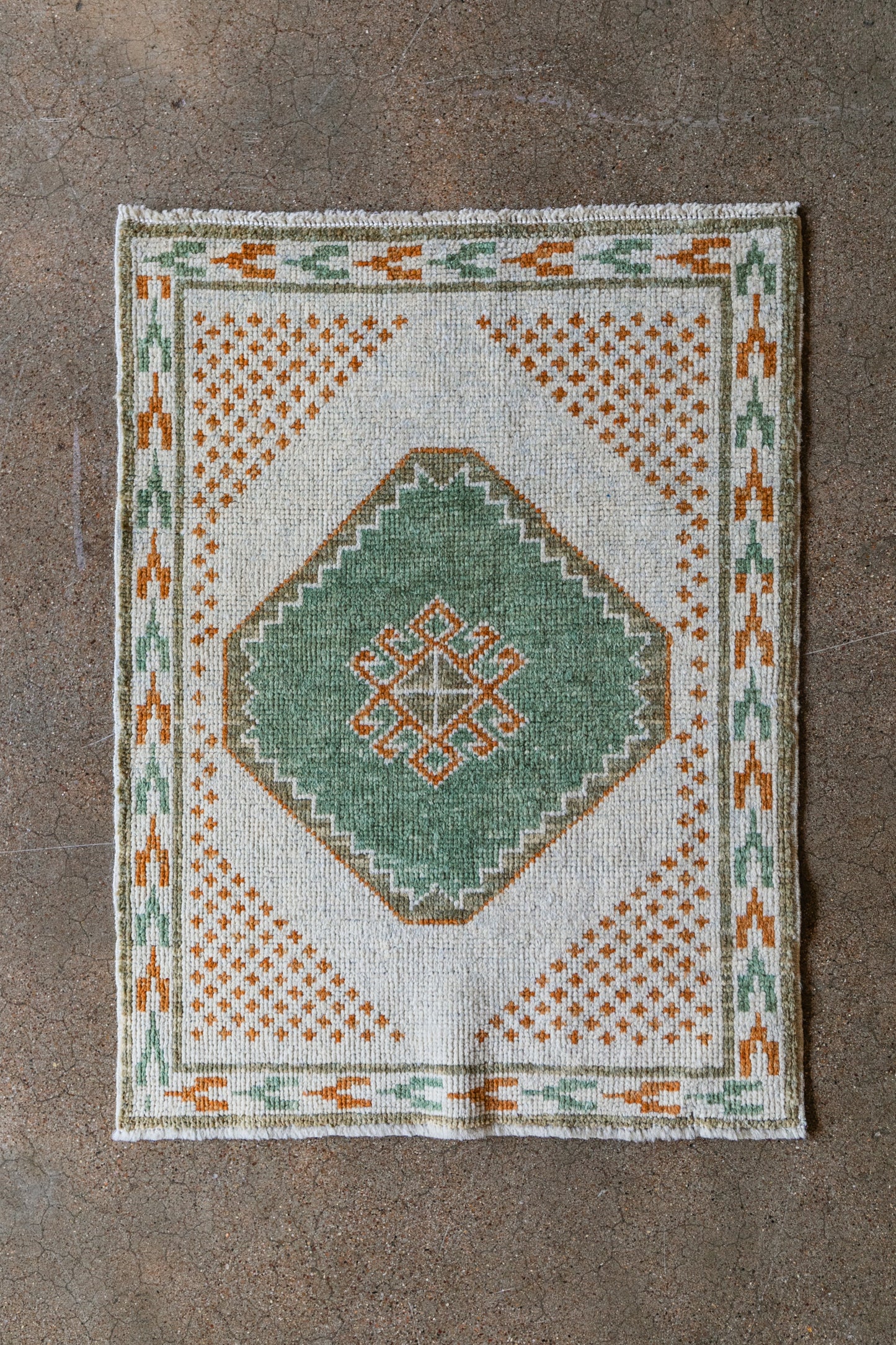 Vintage Turkish (2x3) Ivory, Sage Green & Burnt Orange Hand-Knotted Wool