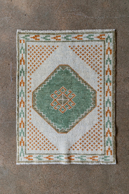Vintage Turkish (2x3) Ivory, Sage Green & Burnt Orange Hand-Knotted Wool