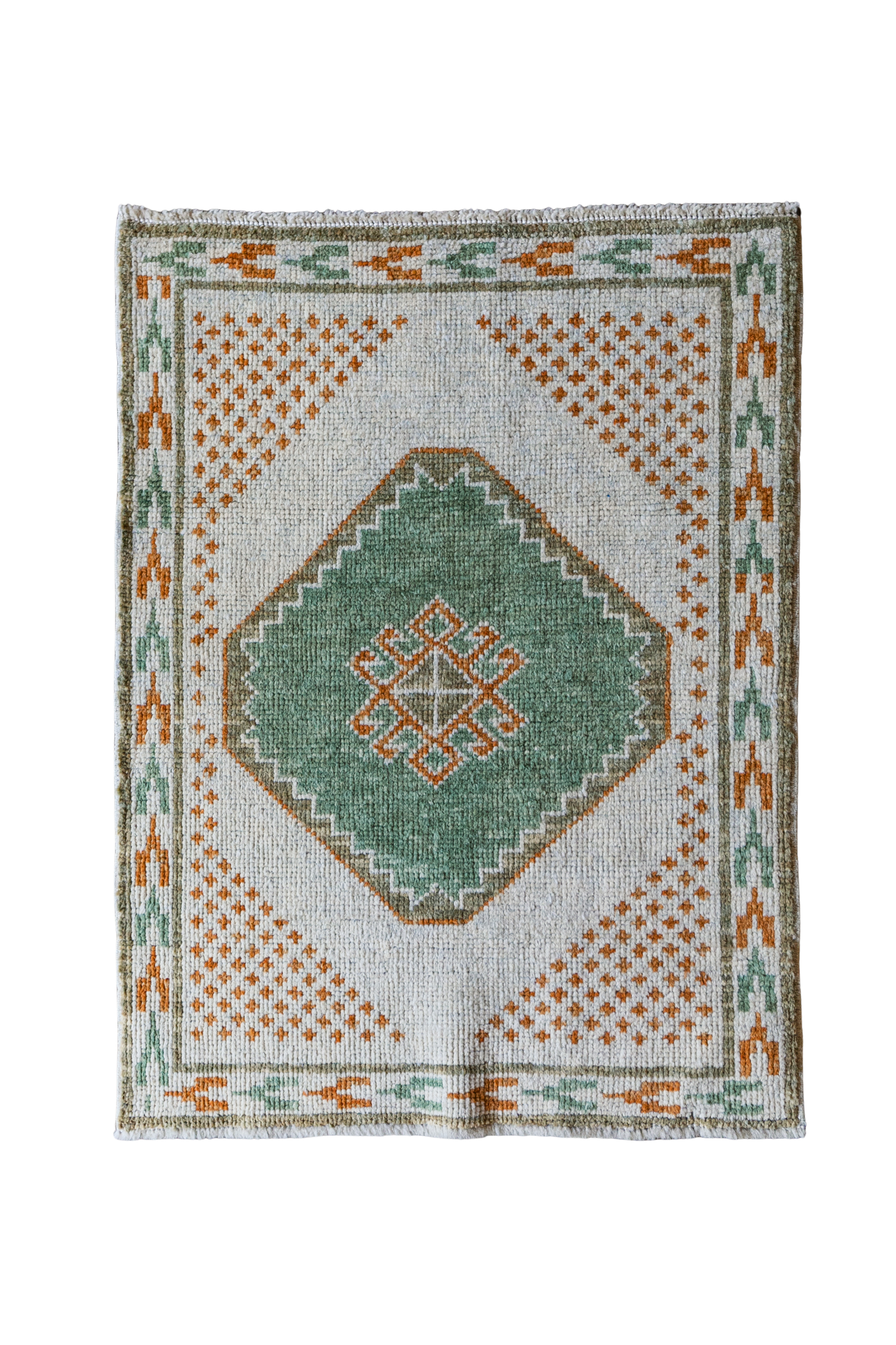 Vintage Turkish (2x3) Ivory, Sage Green & Burnt Orange Hand-Knotted Wool