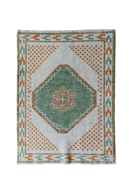 Vintage Turkish (2x3) Ivory, Sage Green & Burnt Orange Hand-Knotted Wool