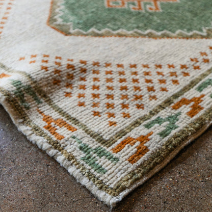 Vintage Turkish (2x3) Ivory, Sage Green & Burnt Orange Hand-Knotted Wool