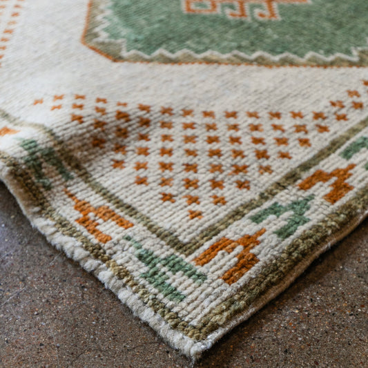 Vintage Turkish (2x3) Ivory, Sage Green & Burnt Orange Hand-Knotted Wool