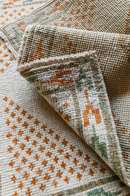Vintage Turkish (2x3) Ivory, Sage Green & Burnt Orange Hand-Knotted Wool