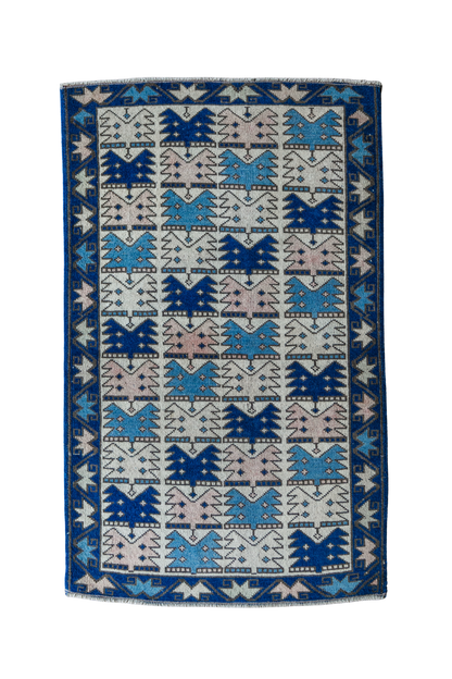 Vintage Turkish (3x4) Cobalt & Sky Blue Hand-Knotted Wool Ryg