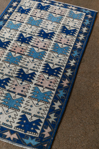 Vintage Turkish (3x4) Cobalt & Sky Blue Hand-Knotted Wool Ryg