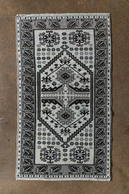 Vintage Turkish (3x6 rug)  Ivory & Charcoal  Hand-Knotted Wool Rug