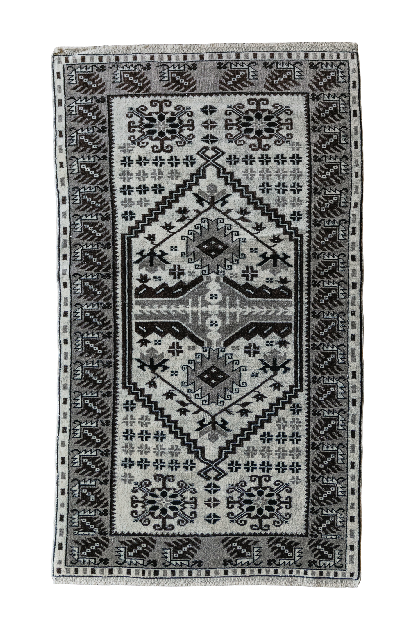 Vintage Turkish (3x6 rug)  Ivory & Charcoal  Hand-Knotted Wool Rug