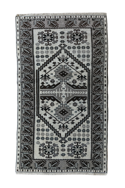 Vintage Turkish (3x6 rug)  Ivory & Charcoal  Hand-Knotted Wool Rug